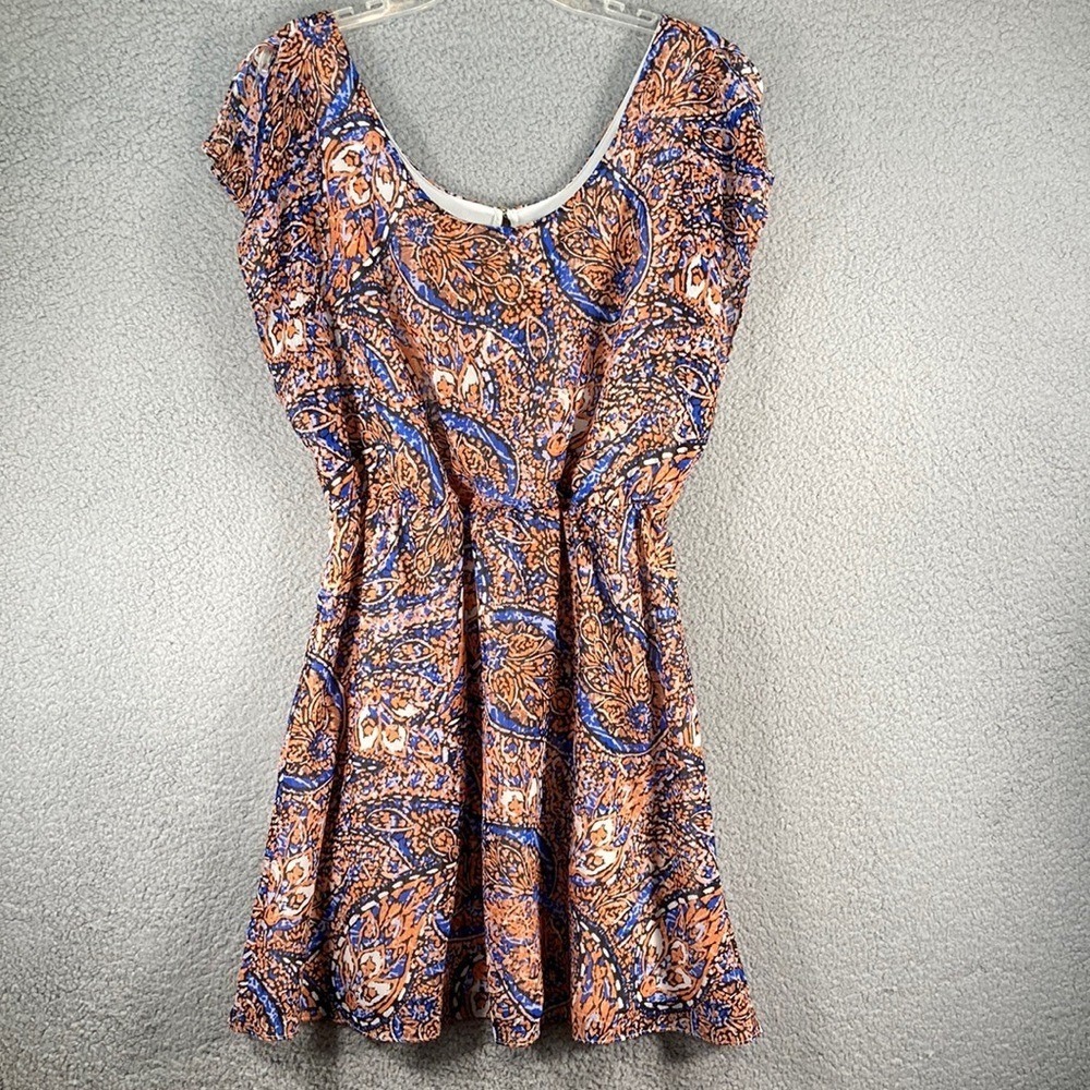 Outback Red Paisley Dress Womens Large Orange Blue Cap Sleeve Pleated Mini Boho